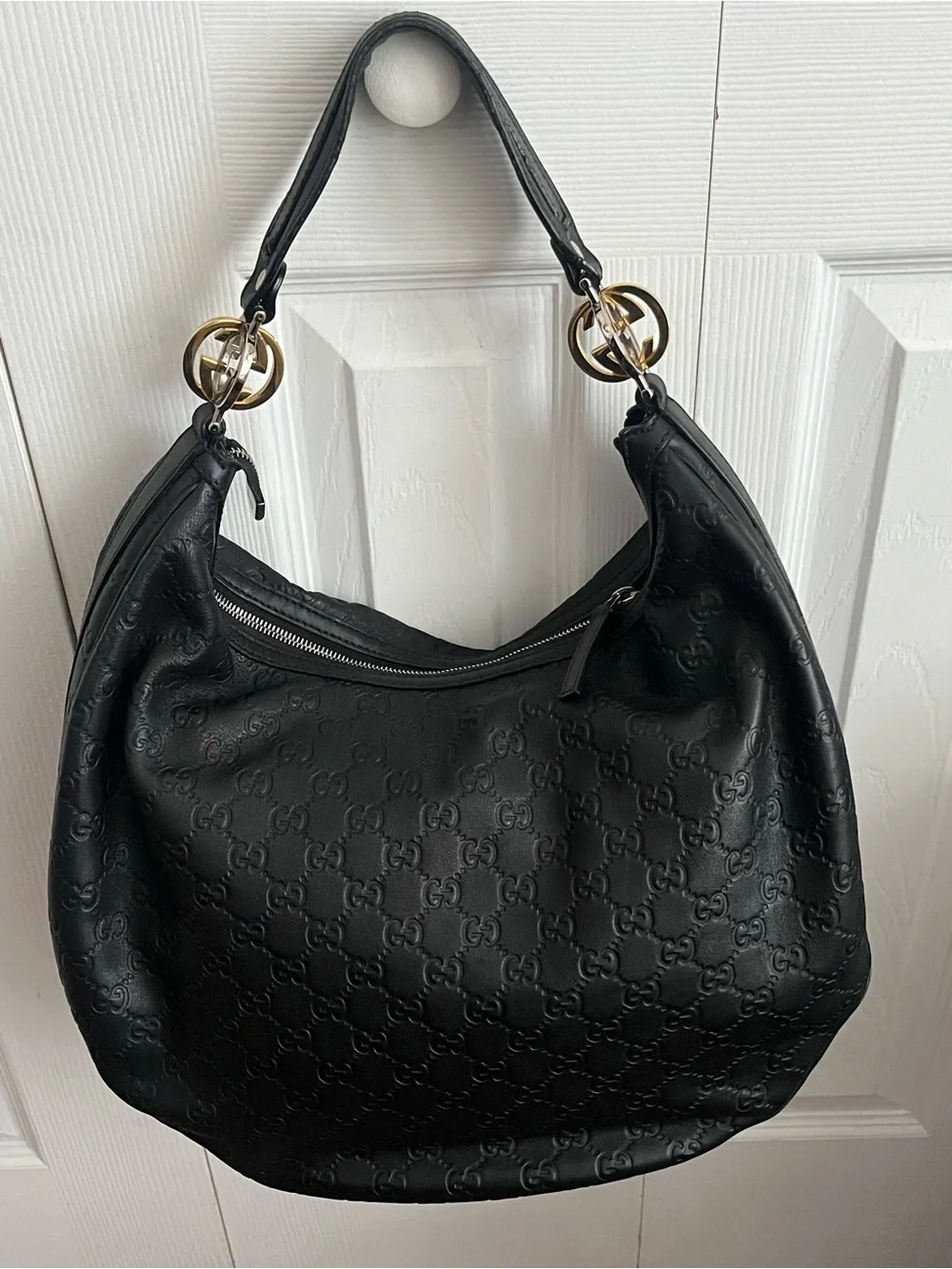 Gucci Black Embossed Leather Logo Hobo with Gold Rings